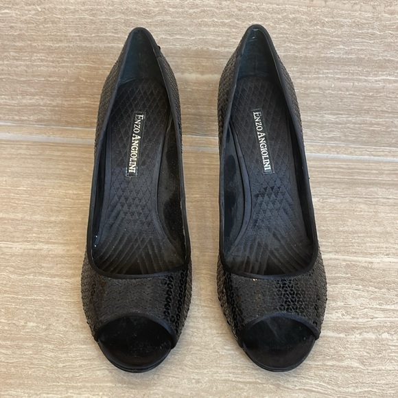 ENZO ANGIOLINI UEC Women’s Size 9.5 Black peep toe stiletto heel pumps sequins - Picture 4 of 12